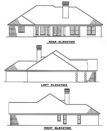 Rear, left, and right elevations of a one-story house plan with a prominent chimney, multiple windows, and a covered rear patio.