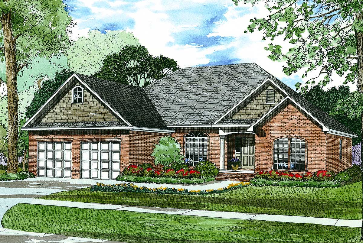 House plan exterior: Brick one-story home with a gabled roof, two-car garage, front porch with columns, and arched windows.