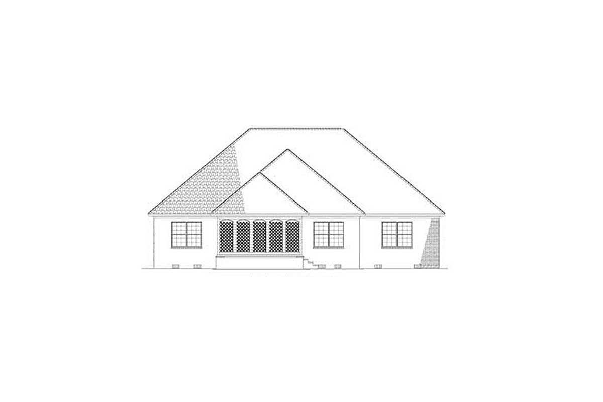 House plan exterior drawing showing a one-story home with a hipped roof, dormer, and covered porch with decorative railings.