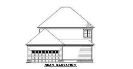 Rear elevation drawing of a two-story house plan featuring a gabled roof, a side-entry garage, and a dormer window.