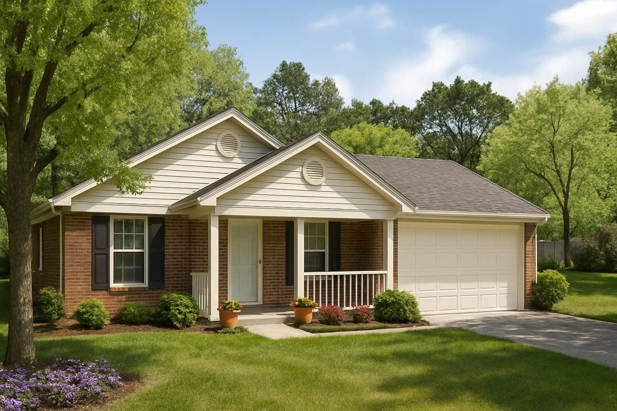 Ranch style house plan exterior with brick facade, front porch, gable vents and attached garage.