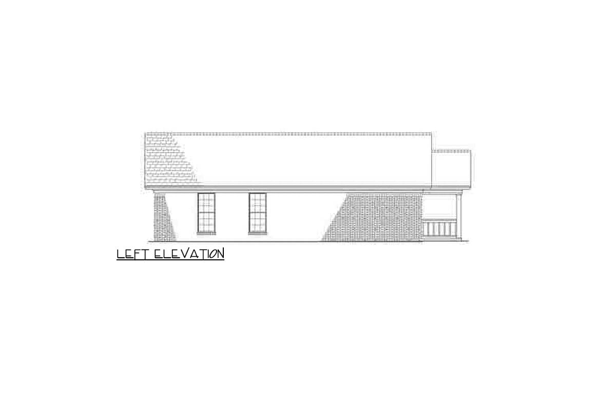 Left elevation of a house plan showing two windows, a screened porch, and brick detailing on a single story structure.