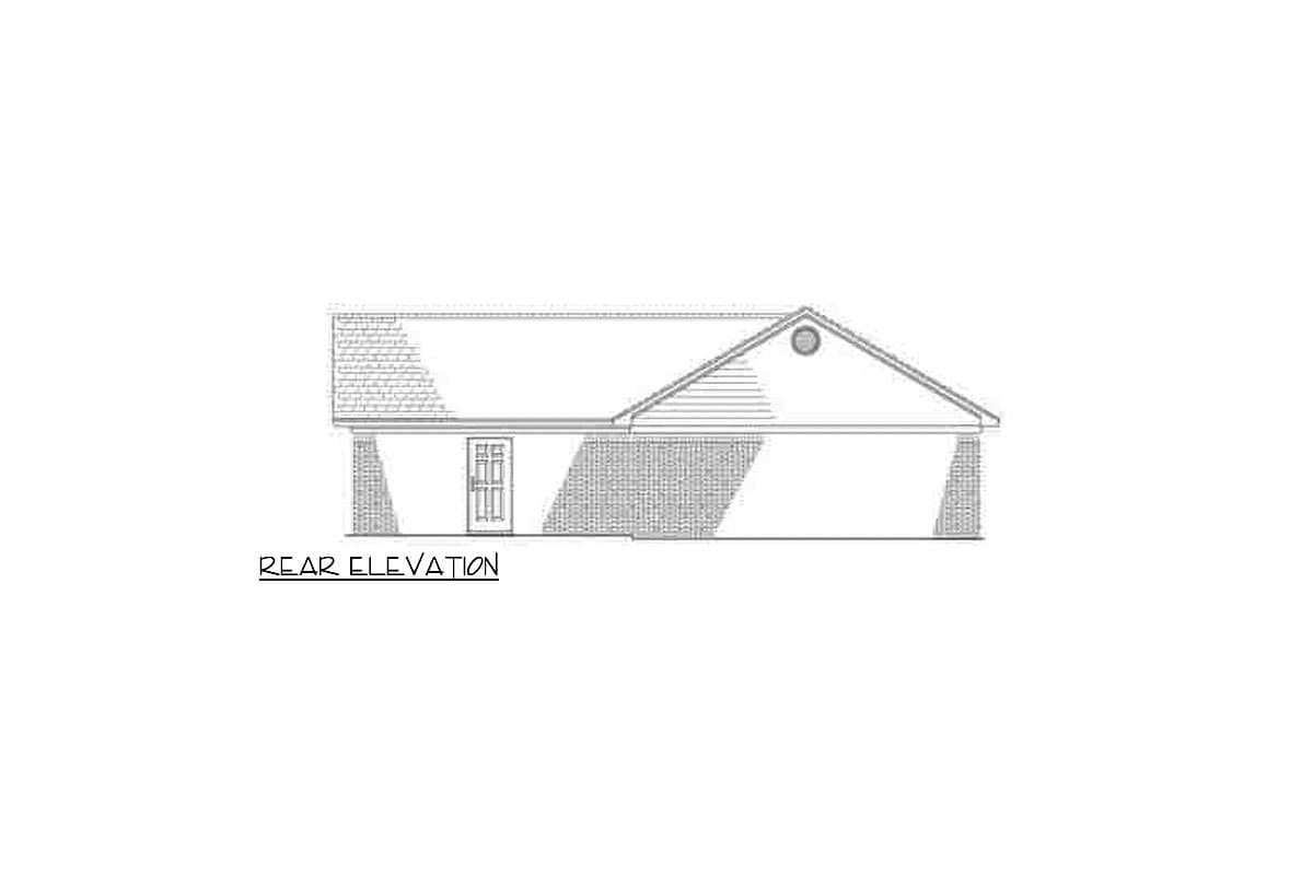 Rear elevation drawing of a house with a pitched roof, brick base, and a central door.