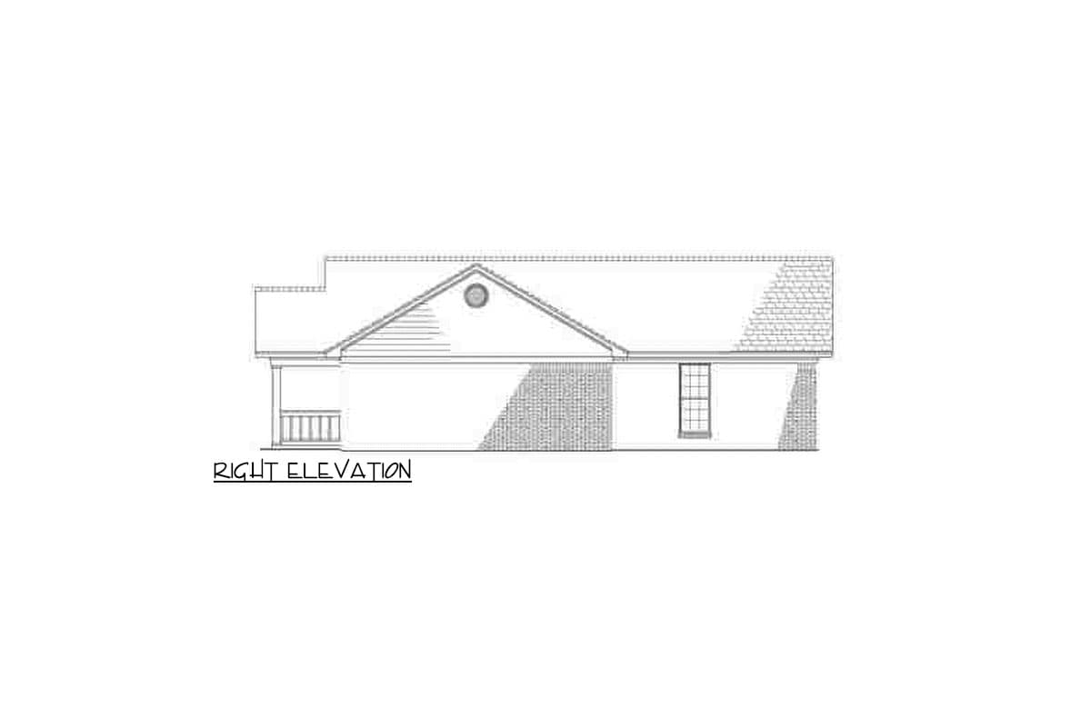 Right elevation house plan drawing showing a porch, gable with circle vent, and one window.