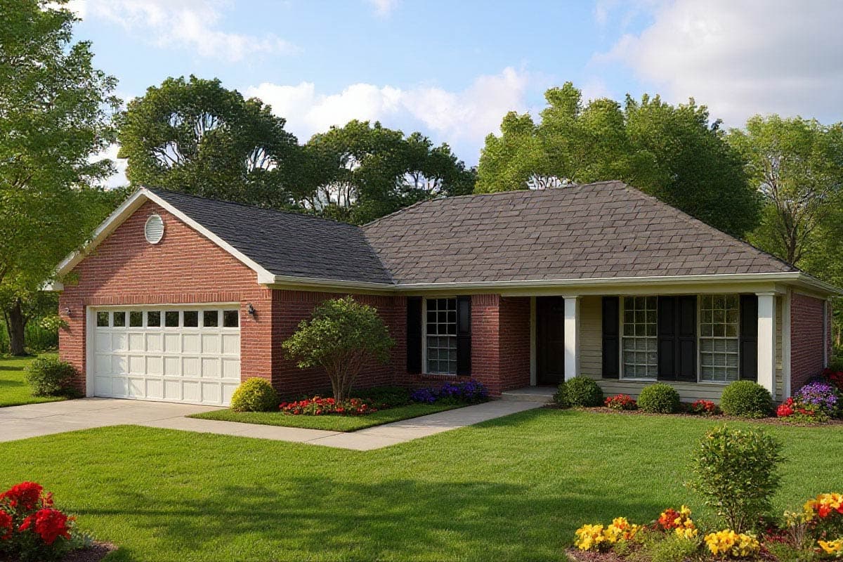 Ranch style house plan exterior with brick facade, attached garage, covered entry porch, and symmetrical windows.