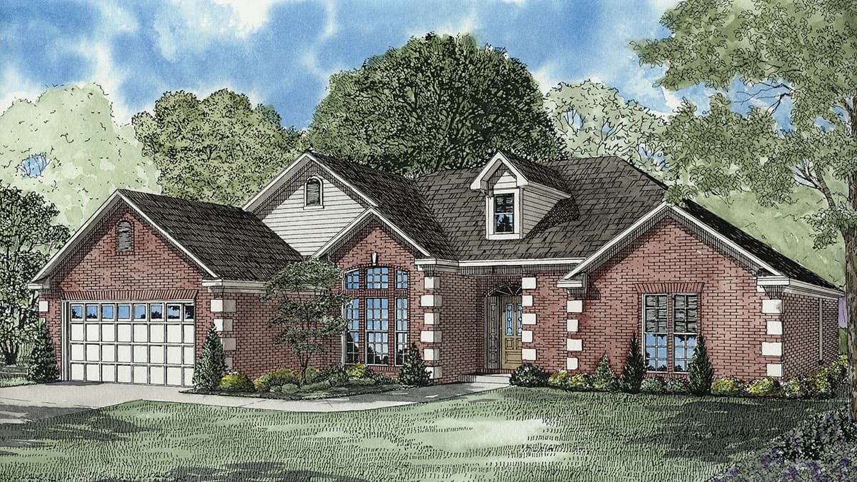 House plan exterior: One-story brick home with side-entry garage, prominent gables, dormer, and arched entryway.
