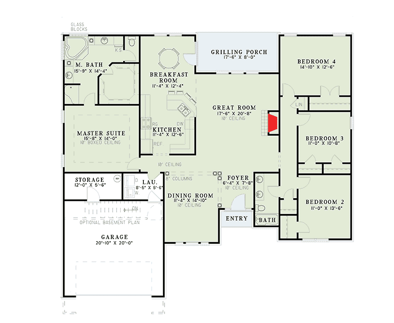 Plan 59140ND: One-Story House Plan with Brick Exterior - 2217 Sq Ft - Floor Plan - Main Level - Ranch, Traditional