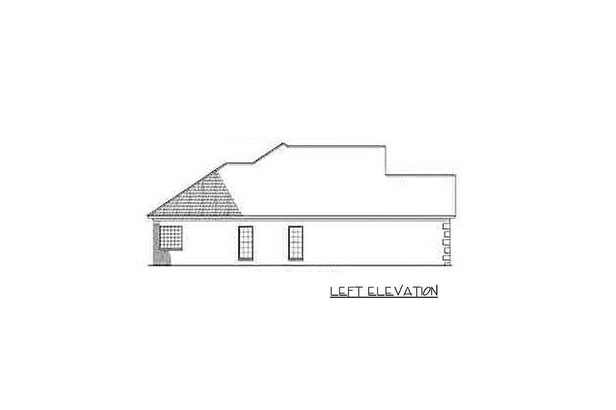 Left elevation drawing of a house plan showing varied rooflines, dormers, and multiple windows.