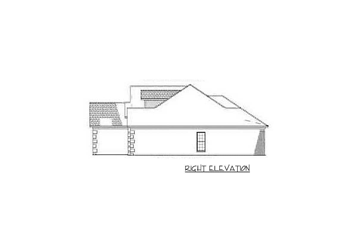 Right elevation drawing of a house plan showing a brick foundation, one window, and a multi-level roofline.