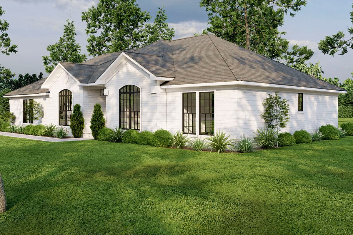 House plan exterior: single-story Modern Farmhouse with white brick, gabled front entry, and arched windows.