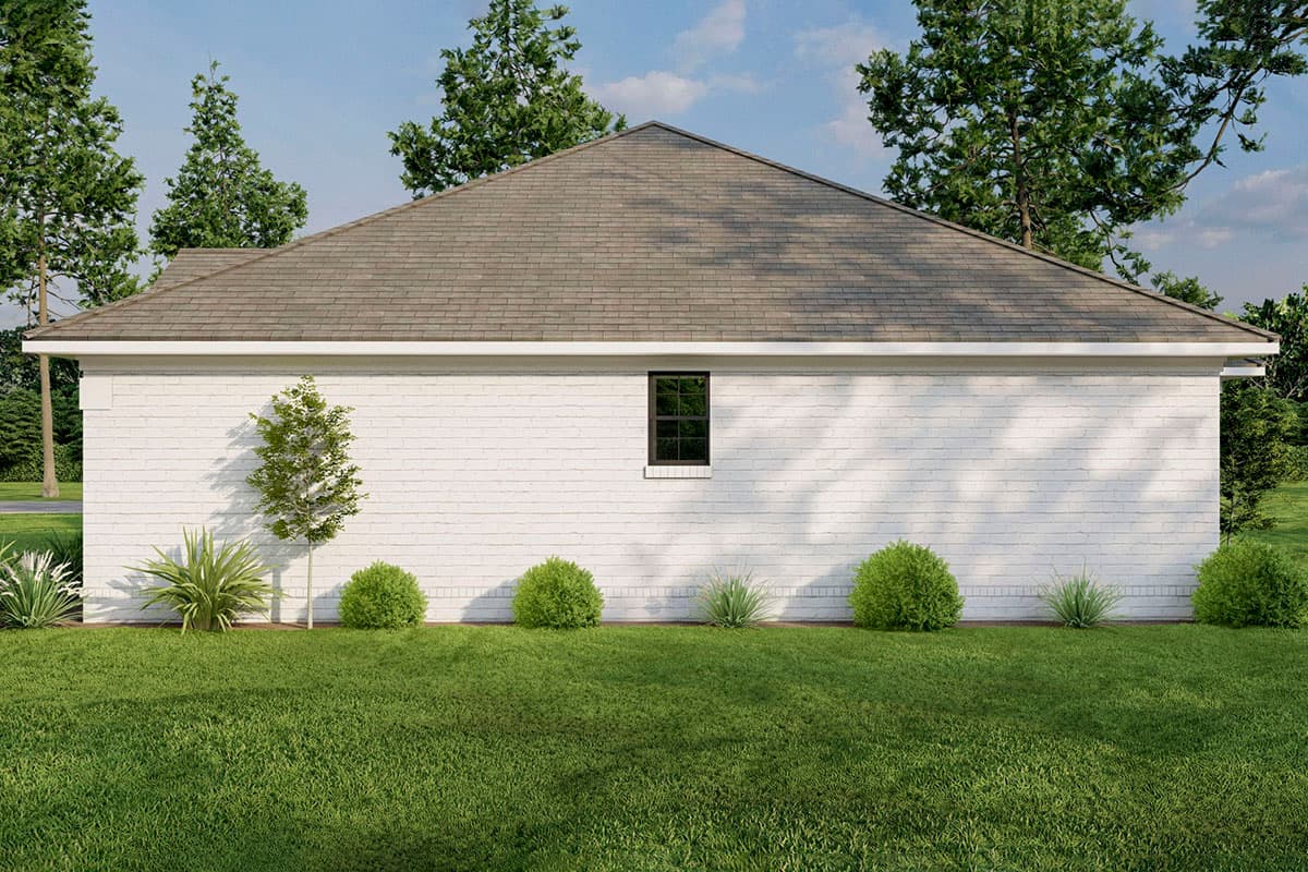 House plan exterior, single-story brick home with a hip roof and one dark-framed window.