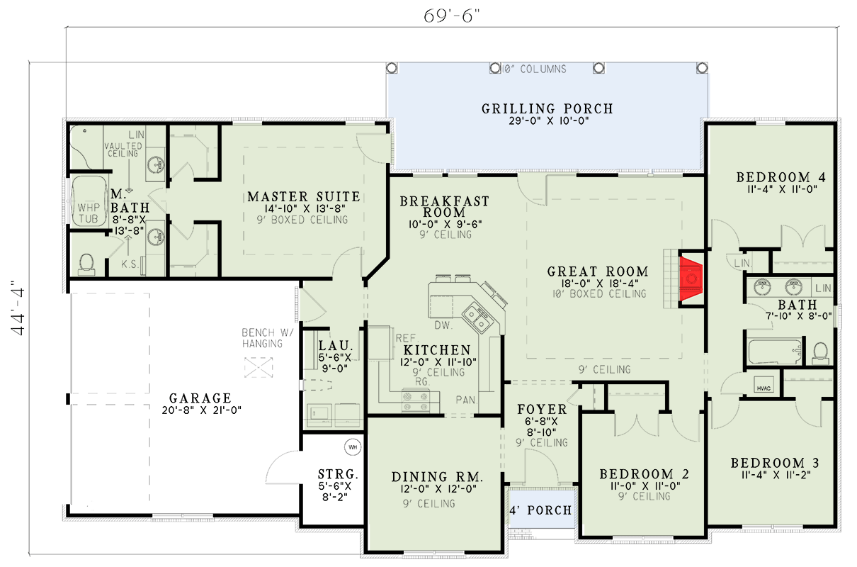 Plan 59141ND: One Story House Plan with Brick Exterior and 10-Foot-Deep Back Porch - 1913 Sq Ft - Floor Plan - Main Level - Ranch, Traditional