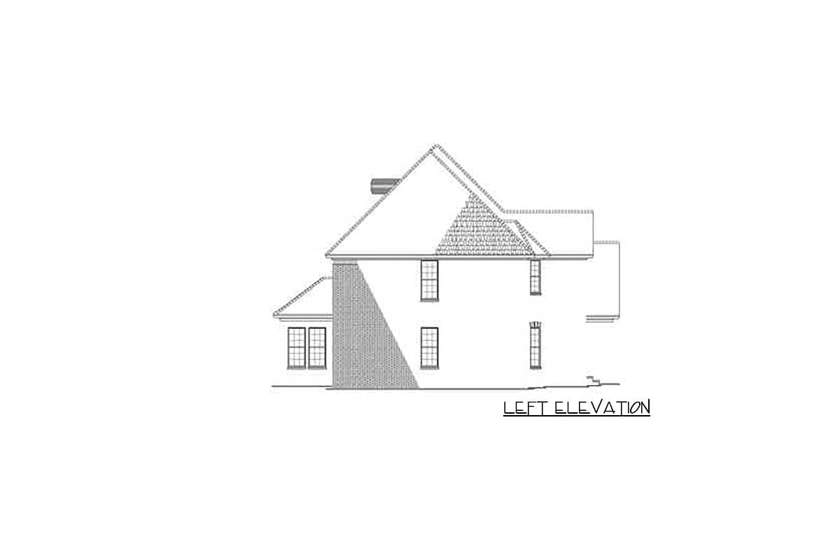Left elevation drawing of a two-story house plan with a brick facade, multiple gables, and a prominent roofline.