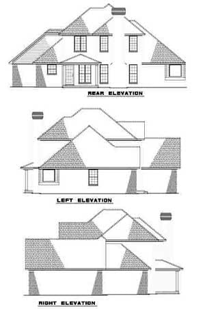 House plan rear elevation, left elevation, and right elevation views. Two stories with complex rooflines and a rear porch.