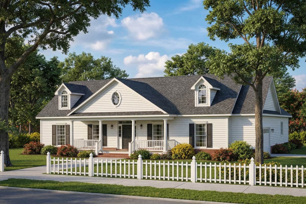 House plan exterior: Traditional ranch with a covered front porch, dormers, and a decorative gable window.