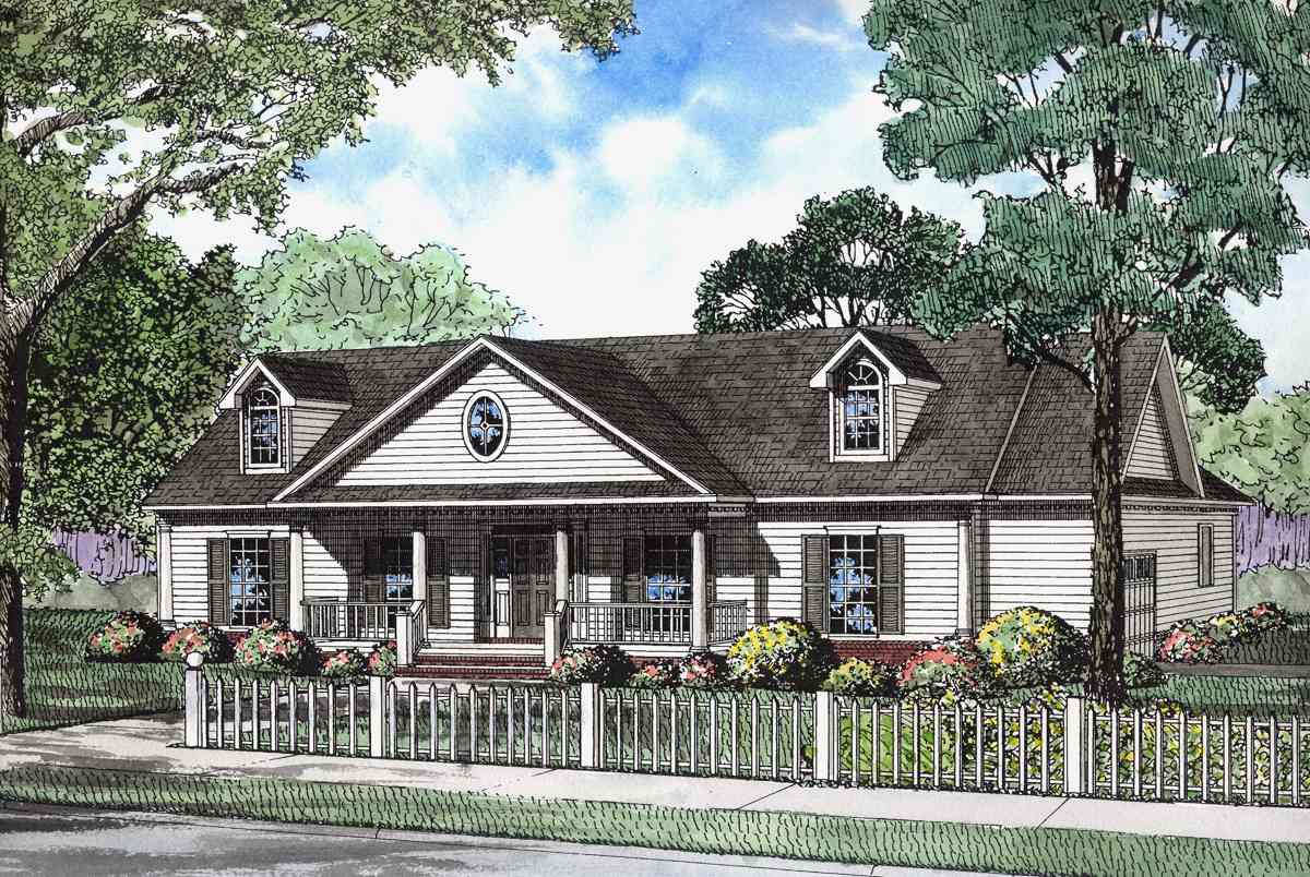 House plan exterior, single-story dwelling with a full front porch, dormers, and an oval gable window.