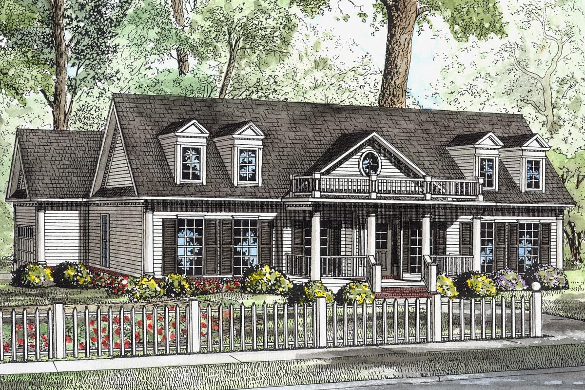 House plan exterior of a one-story home with a prominent wrap-around porch, dormers, and a central circular gable.