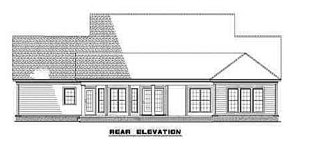 Rear elevation drawing of a house plan with multiple windows and doors along the back facade.