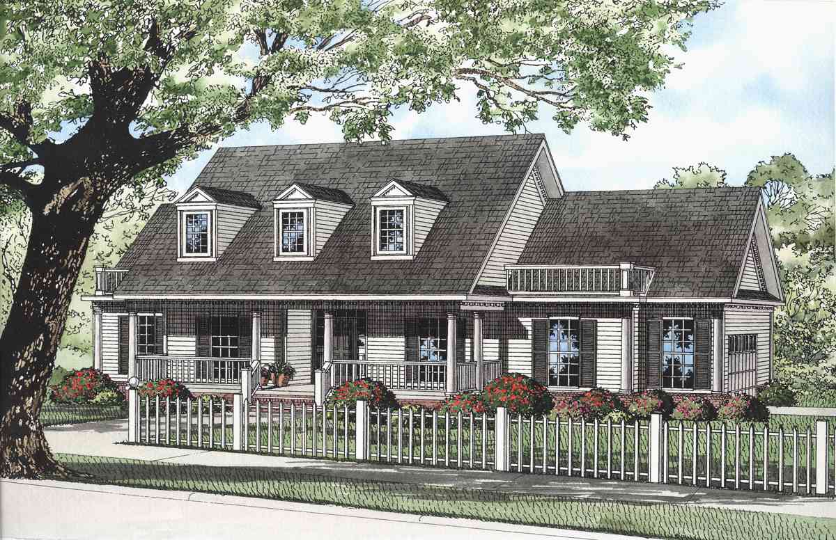 House plan exterior shows a one-and-a-half-story home with a wraparound porch, dormer windows, and a decorative balcony.