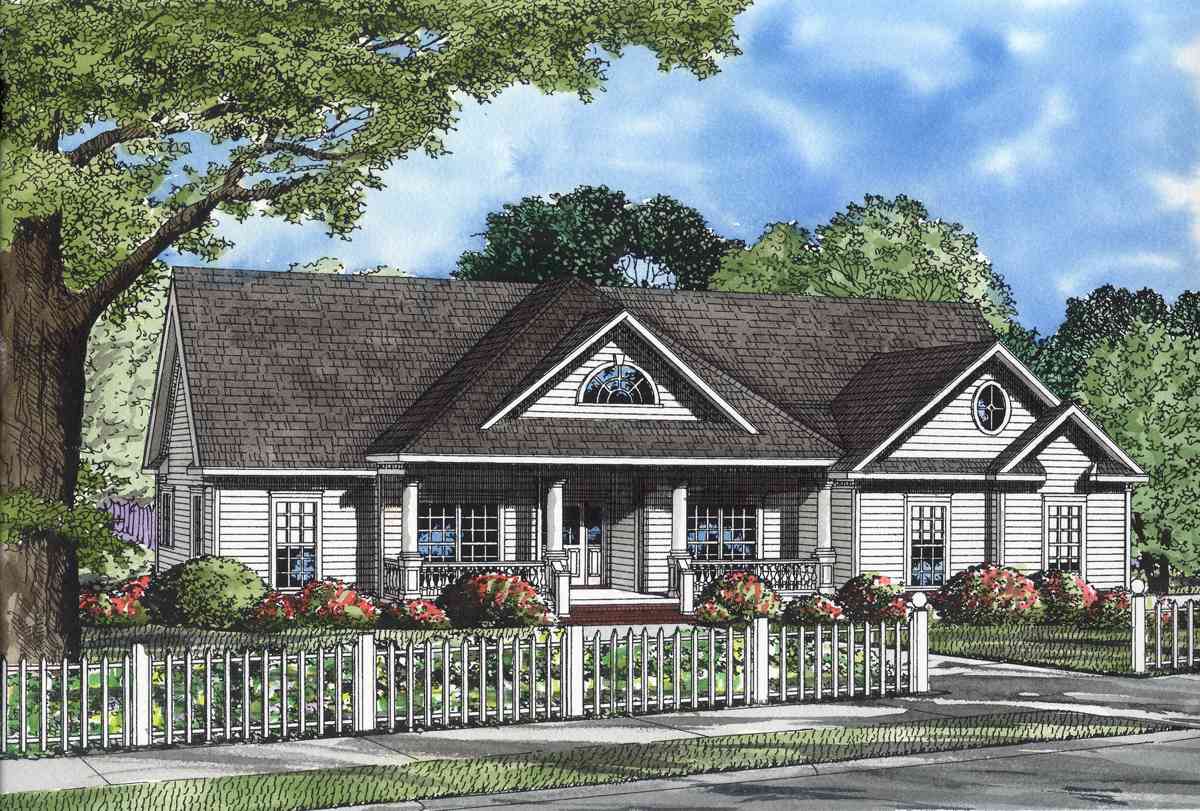 House plan exterior: Ranch style, single-story, with a covered front porch, dormer, and detailed gables.