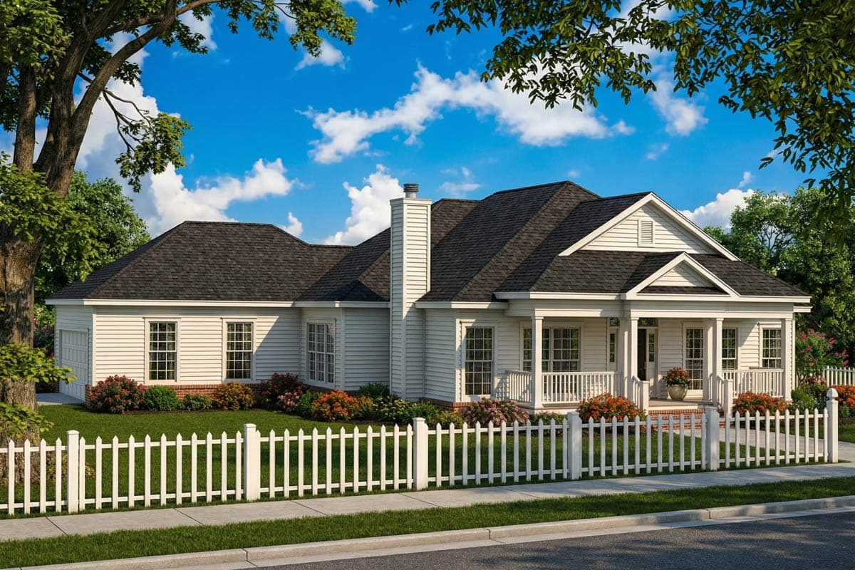 A charming white house with a black roof, front porch, and picket fence, set against a bright blue sky with fluffy clouds and lush greenery.
