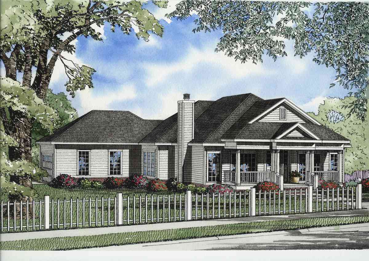 House plan exterior: single-story ranch with prominent front porch, decorative gable, and side-facing chimney.