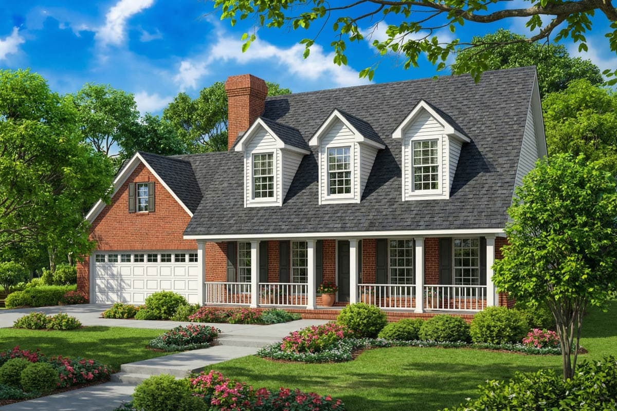 A two-story brick house with a dark gray roof. It has a white porch, three dormer windows, and a manicured lawn with landscaping in front.