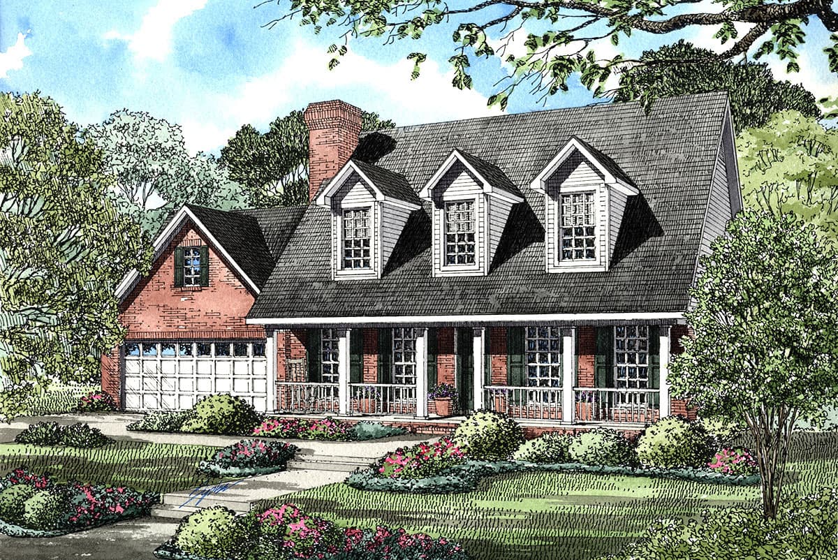House plan exterior with brick facade, gable roof, three dormers, and a covered front porch with columns.