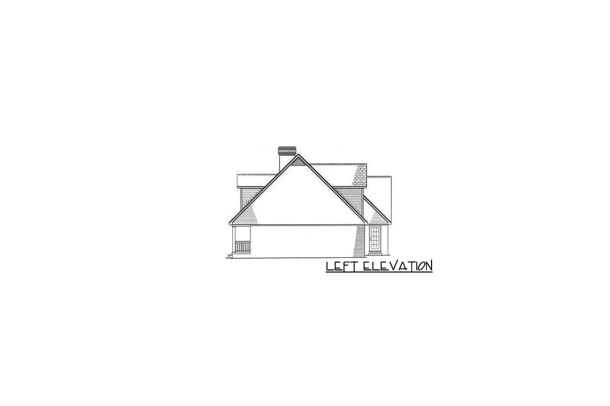 Left elevation drawing of a house plan showing a front-facing gable, pitched roof, chimney, porch, and a side door.