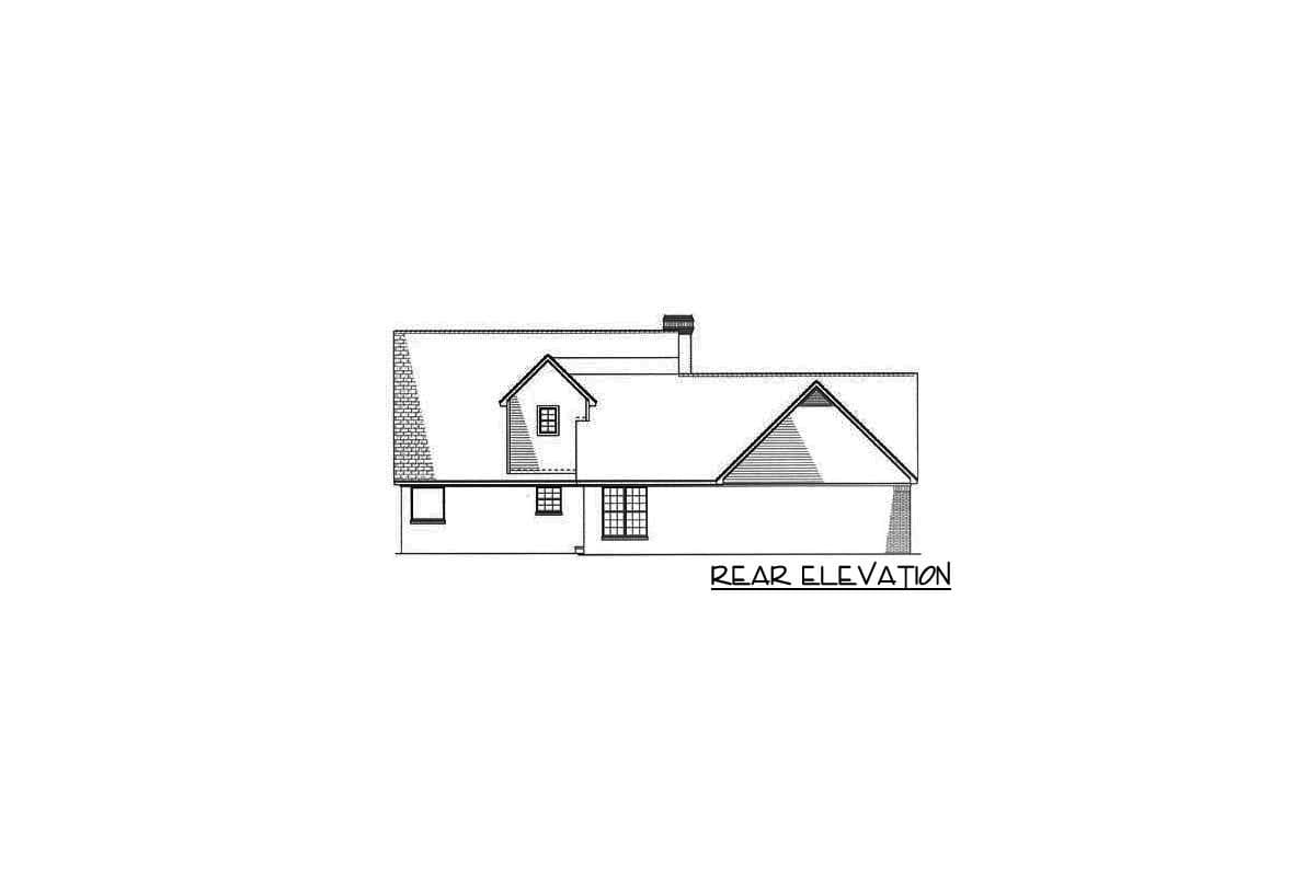 Rear elevation drawing of a two-story house with a dormer, multiple gables, and a chimney.
