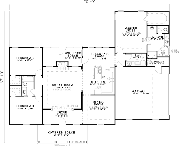 Plan 59150ND: Historical Southern Traditional House Plan - Floor Plan - Main Level - Ranch, Southern