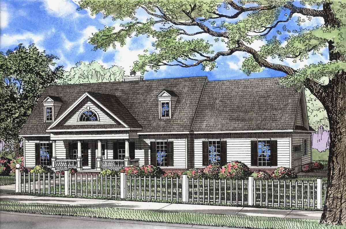 House plan exterior: Single-story traditional home with a covered porch, gables, dormers, and a white picket fence.