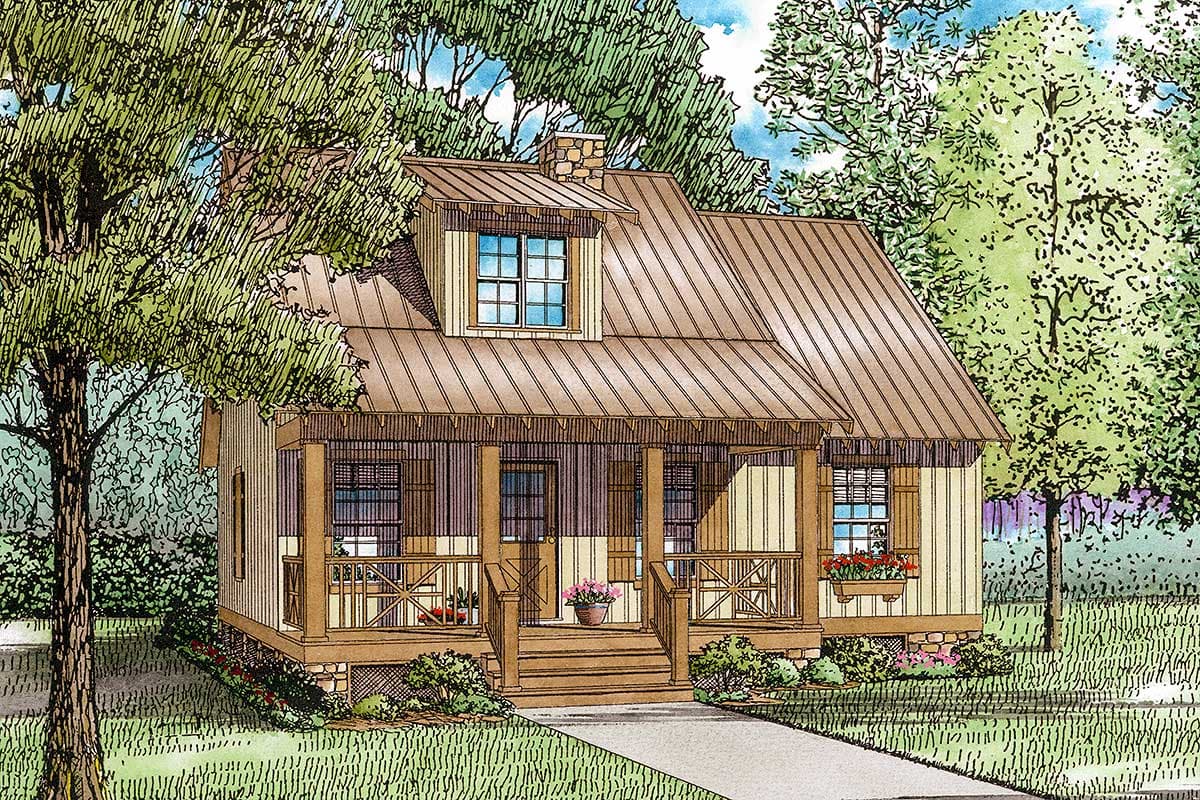 House plan exterior: Gable roof, dormer, front porch with railings, and vertical siding on this one-and-a-half story house.