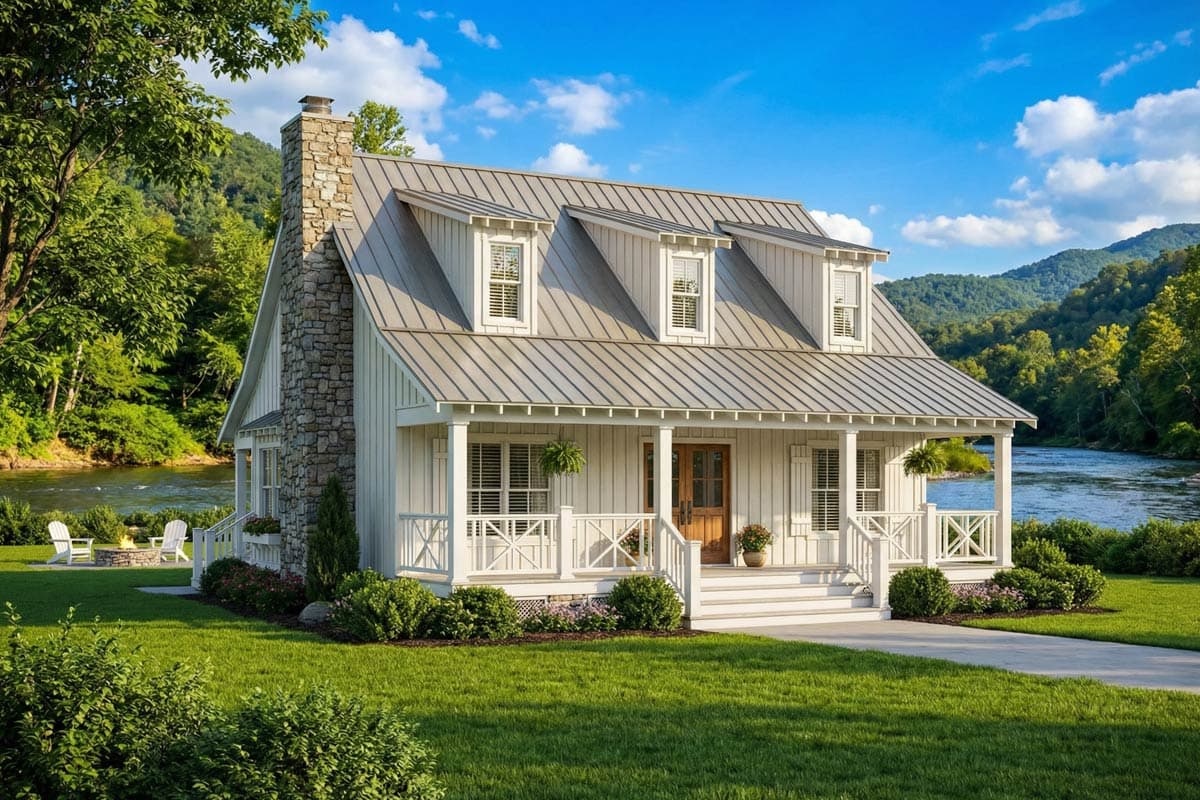 House plan exterior: Modern Farmhouse style, two stories, metal roof, stone chimney, front porch with white railings.