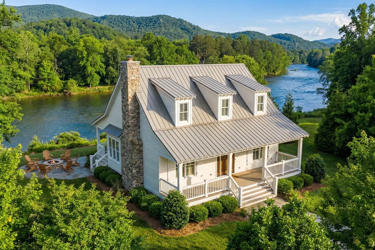 Craftsman style house plan exterior with metal roof, stone chimney, dormers, and wraparound porch beside a river.