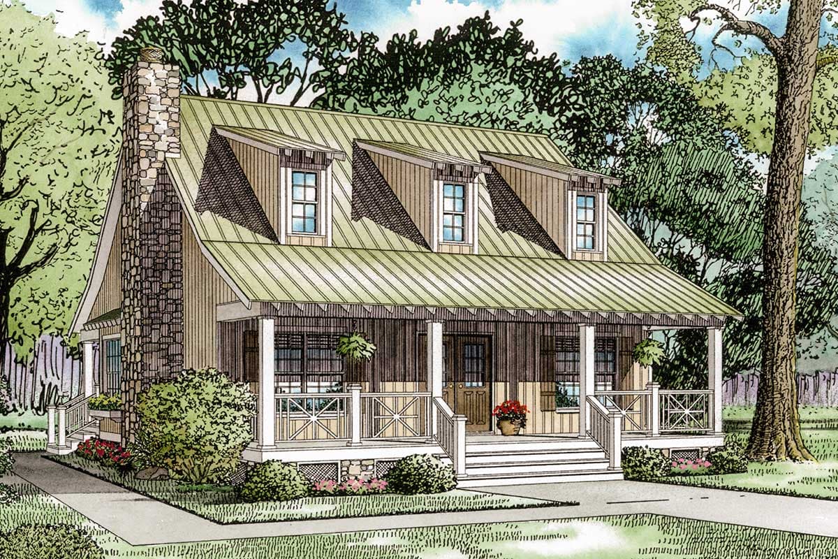 House plan exterior: Two-story cottage with metal roof, prominent stone chimney, and wrap-around porch with decorative railings.