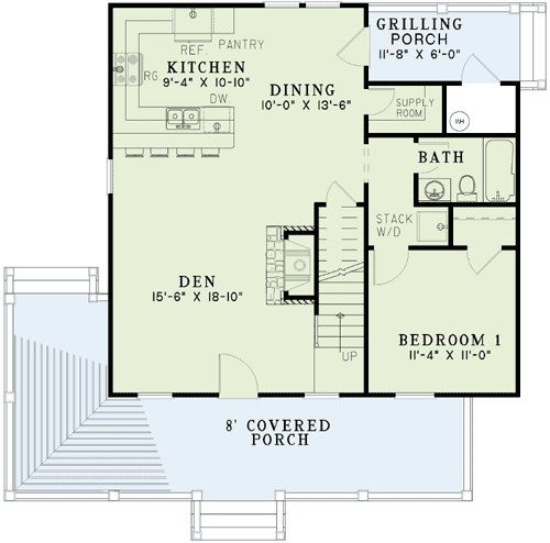 Plan 59153ND: Covered Porch Cottage - Floor Plan - Main Level - Cabin, Cottage, Country, Mountain, Rustic, Vacation
