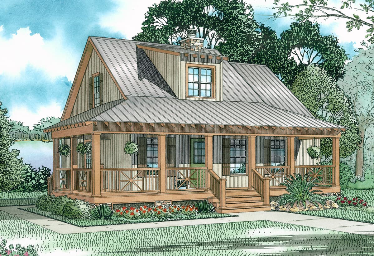 House plan exterior, 1.5 stories, metal roof, gabled dormer, wide wraparound porch with wood railings and columns.