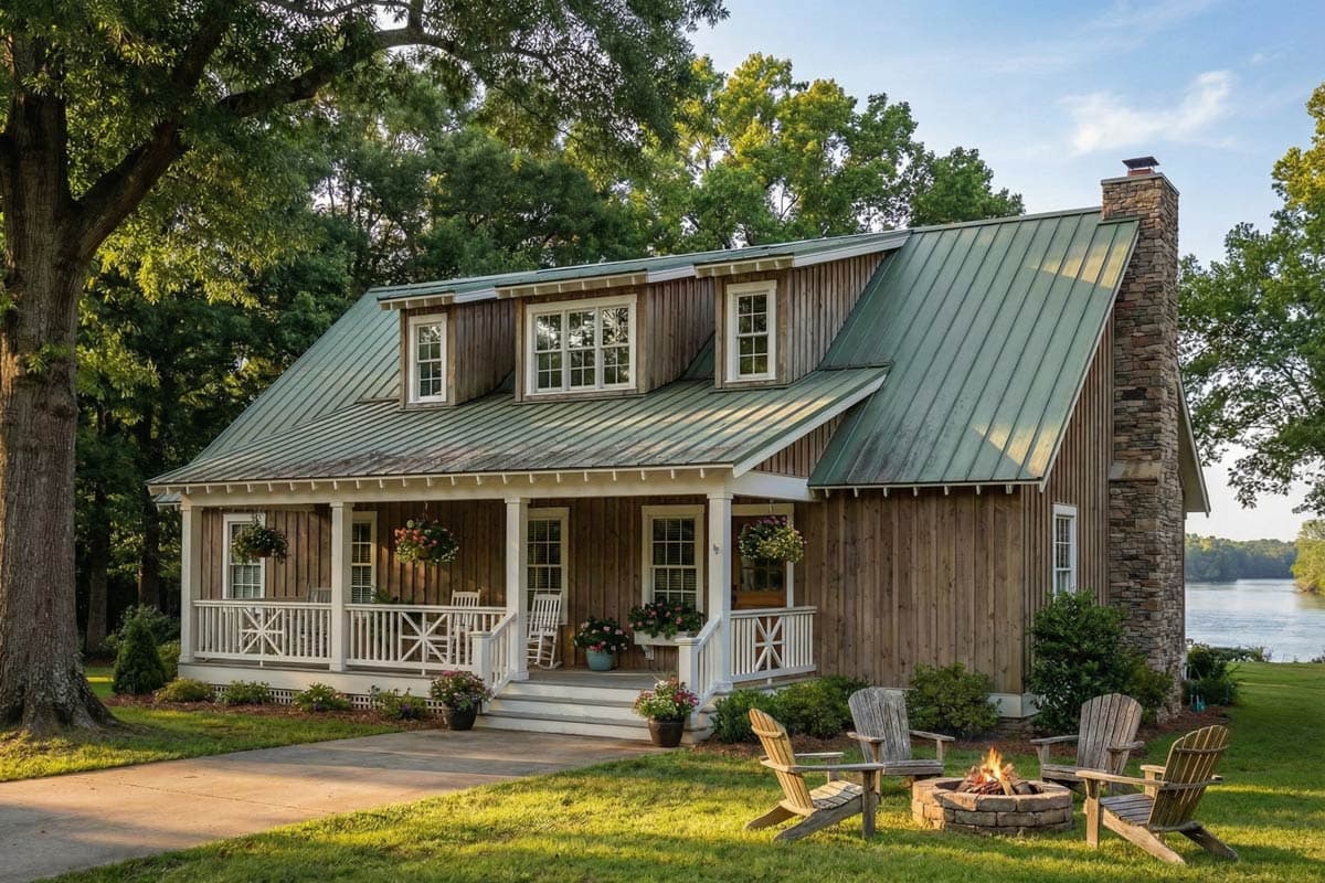 A rustic wooden house with a green metal roof, a stone chimney, and a porch with hanging flowers. Adirondack chairs circle a fire pit in the yard.