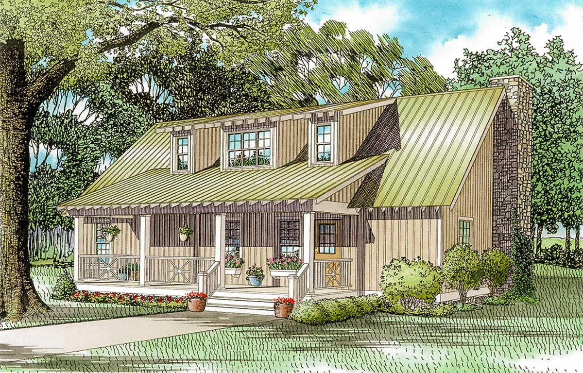 House plan exterior of a two-story home with a prominent stone chimney, gabled dormers, and a covered front porch with decorative railings.