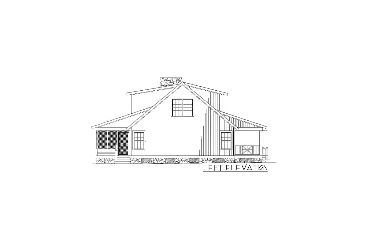 Left elevation drawing of a house plan with a screened porch, stone foundation, and prominent gable.