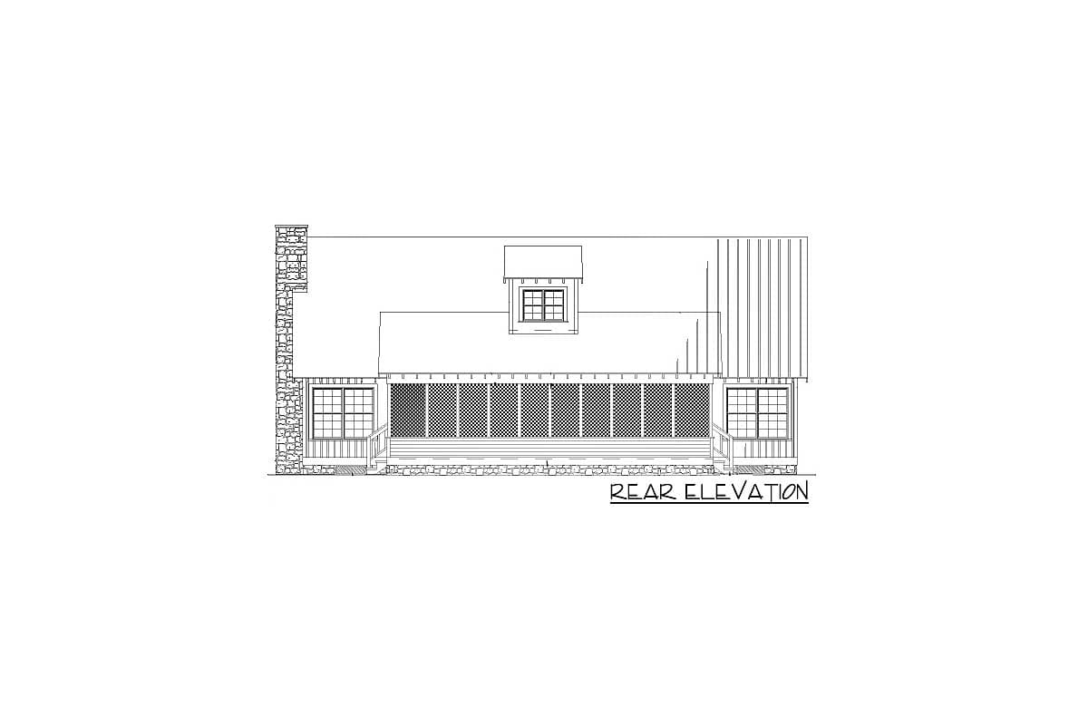 Rear elevation house plan with stone chimney, screened porch, dormer, and gabled roof.