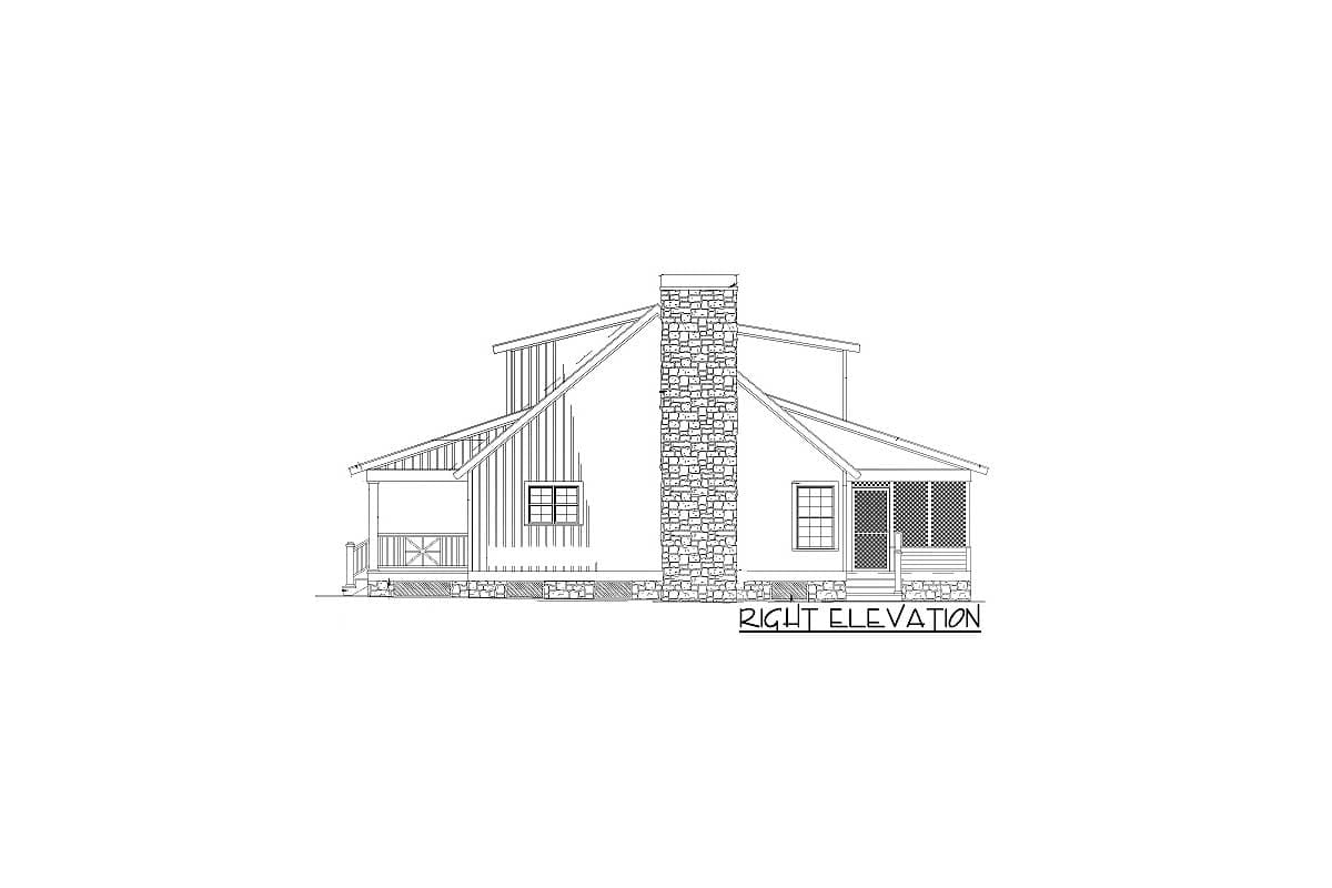 Right elevation house plan, showing a stone chimney, covered porch with X-brace railing, and screened porch.
