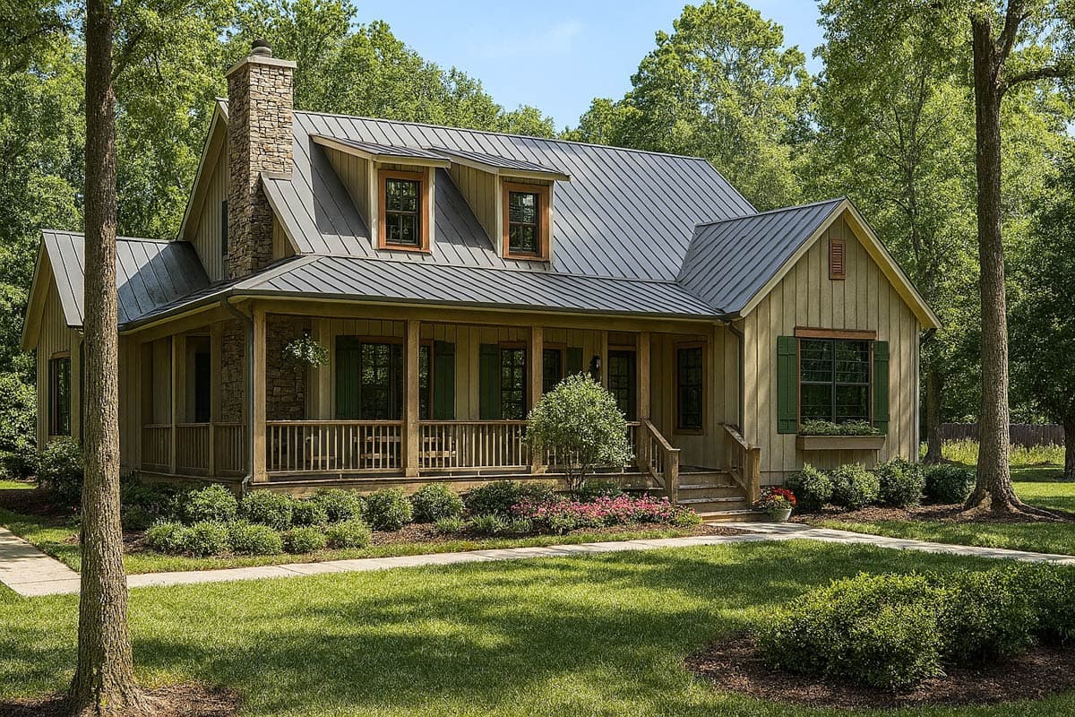 House plan exterior: Craftsman style, one-and-a-half stories, metal roof, stone chimney, wraparound porch, dormer windows.