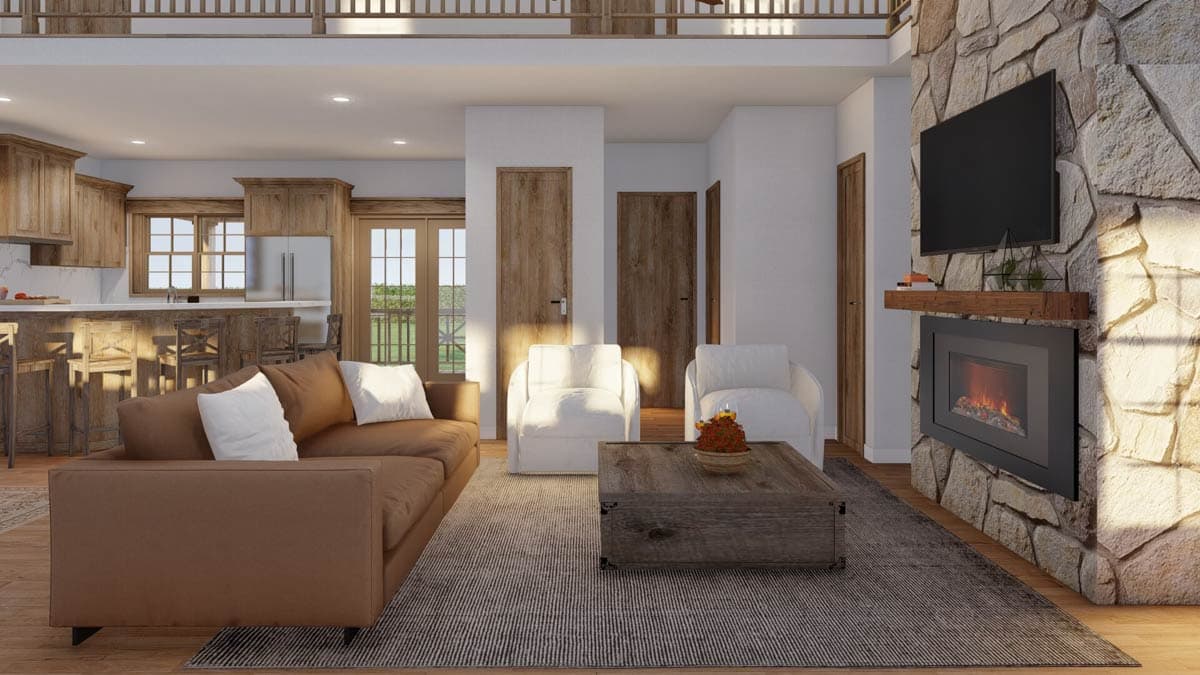 Interior rendering showing an open-concept living area with stone fireplace, wood beams, and bar seating in kitchen.