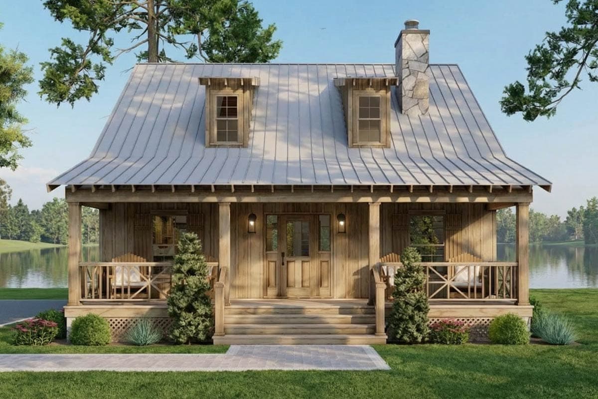 House plan exterior: A two-story cottage-style house with a metal roof, dormer windows, stone chimney, and a wrap-around porch.