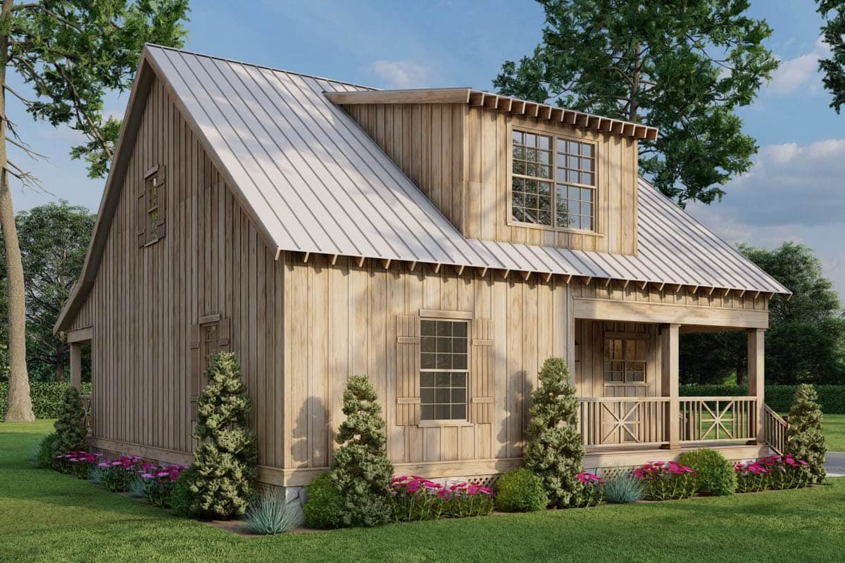 House plan exterior of a two-story Modern Farmhouse with vertical siding, a metal roof, and a covered front porch with decorative railing.