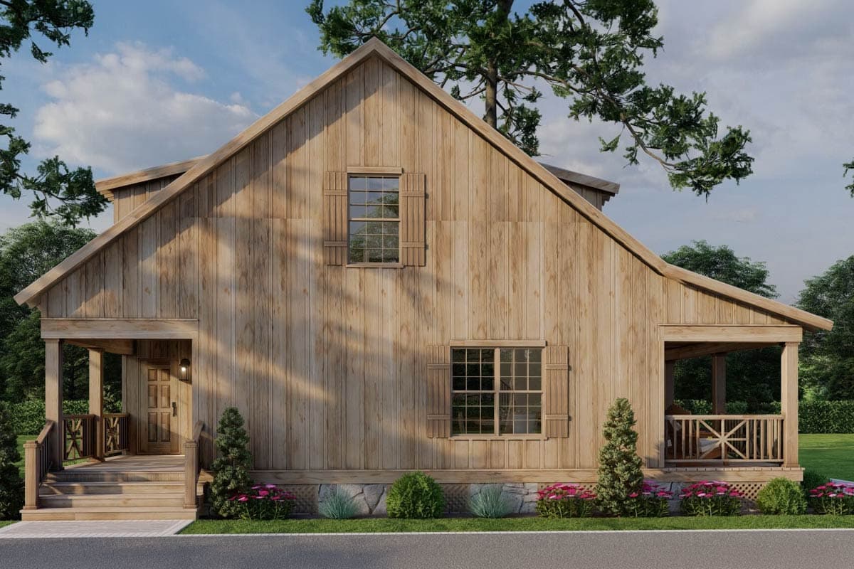 House plan exterior: A two-story Modern Farmhouse with wood siding, prominent gables, shuttered windows, and two covered porches.