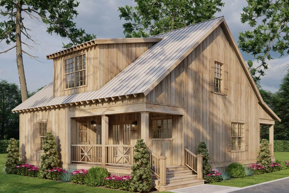 House plan exterior: Two-story Modern Farmhouse with wood siding, metal roof, gables, dormers, and covered front porch.