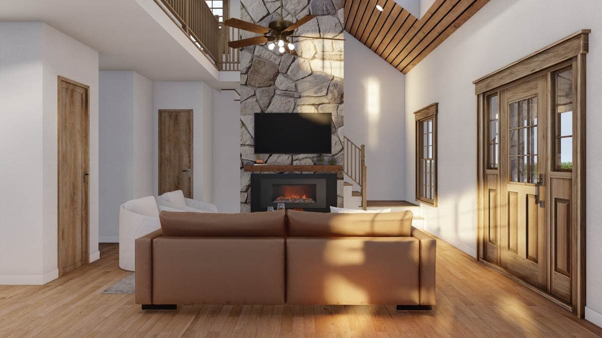 Interior rendering of a great room with vaulted ceiling, stone fireplace, media console, and wood double doors.